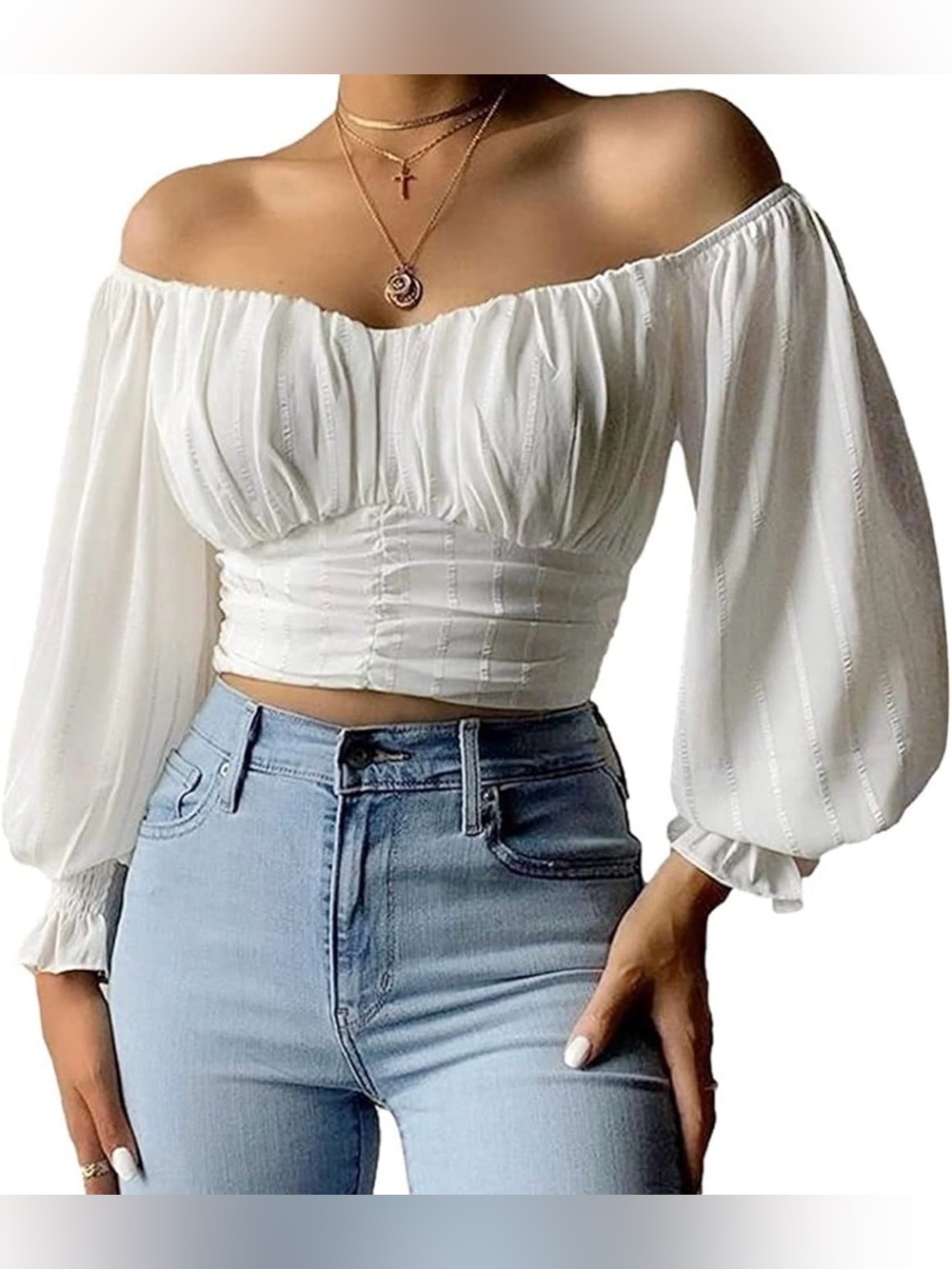 White & Silver Striped Off-Shoulder Peasant Crop Blouse w/ Side Zipper